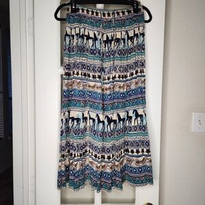 Vintage Phool Western Horse Bird Print Boho Crinkle Lightweight Midi Skirt Small